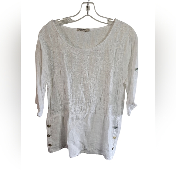 Lungo L’Arno Women’s Large White Linen Embroidered Blouse Tunic Top Coastal 90s - Picture 2 of 6